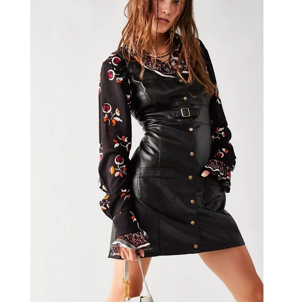 FREE PEOPLE Elandra Mini Button Down Dress In Black Leather